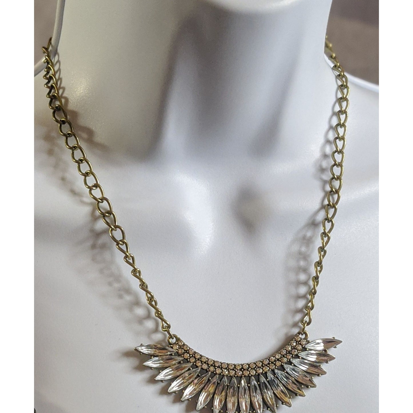 Vintage Art Deco Style Statement Necklace With Clear Rhinestones & Gold-Tone Chain