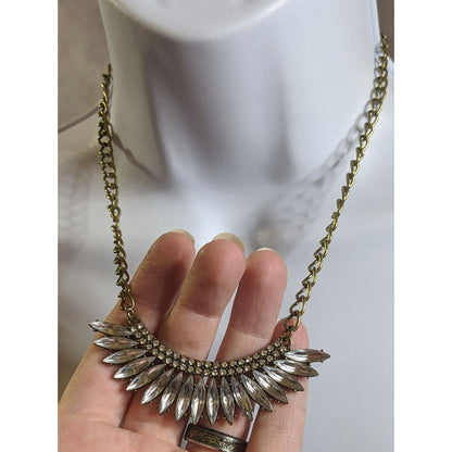 Vintage Art Deco Style Statement Necklace With Clear Rhinestones & Gold-Tone Chain