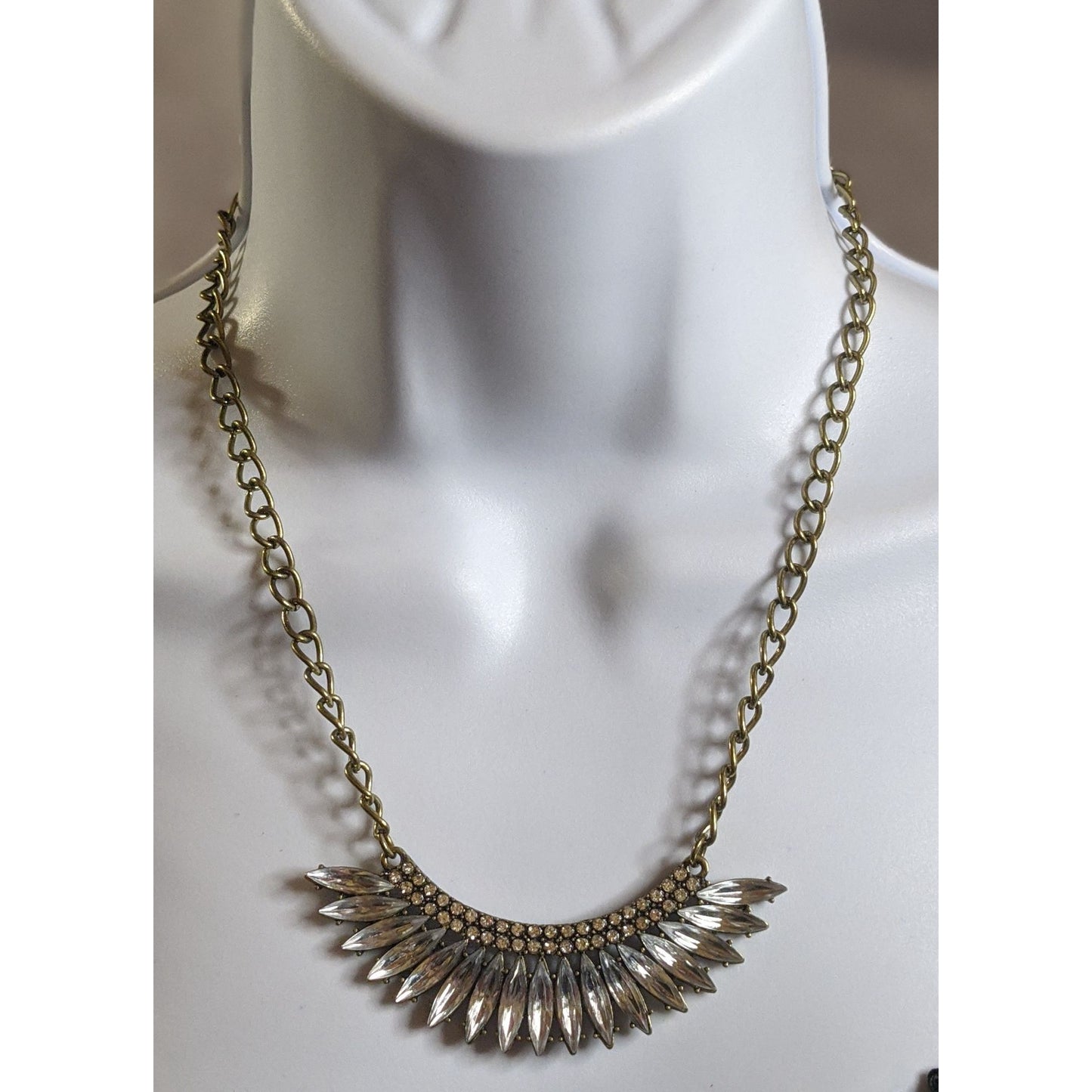 Vintage Art Deco Style Statement Necklace With Clear Rhinestones & Gold-Tone Chain