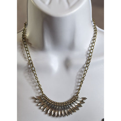 Vintage Art Deco Style Statement Necklace With Clear Rhinestones & Gold-Tone Chain