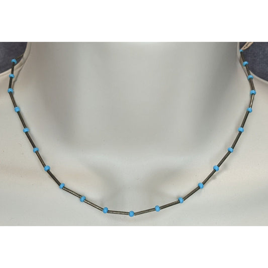 Vintage Minimalist Mod Blue Silver Beaded Necklace Hong Kong NWT