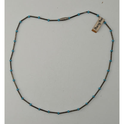 Vintage Minimalist Mod Blue Silver Beaded Necklace Hong Kong NWT