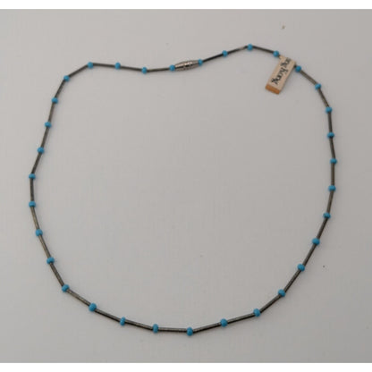 Vintage Minimalist Mod Blue Silver Beaded Necklace Hong Kong NWT