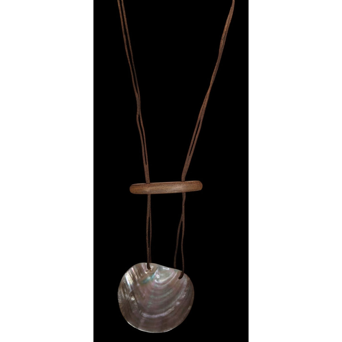 Boho Coastal Shell Wood Brown Satin Cord Pendant Necklace 22 Inch Like New