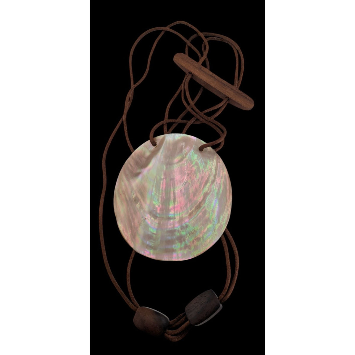 Boho Coastal Shell Wood Brown Satin Cord Pendant Necklace 22 Inch Like New