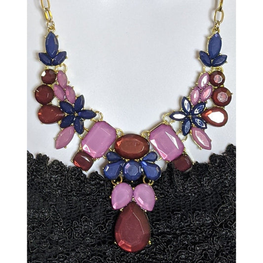 Floral Jewel Tone Statement Necklace With Red Pink & Navy Gems