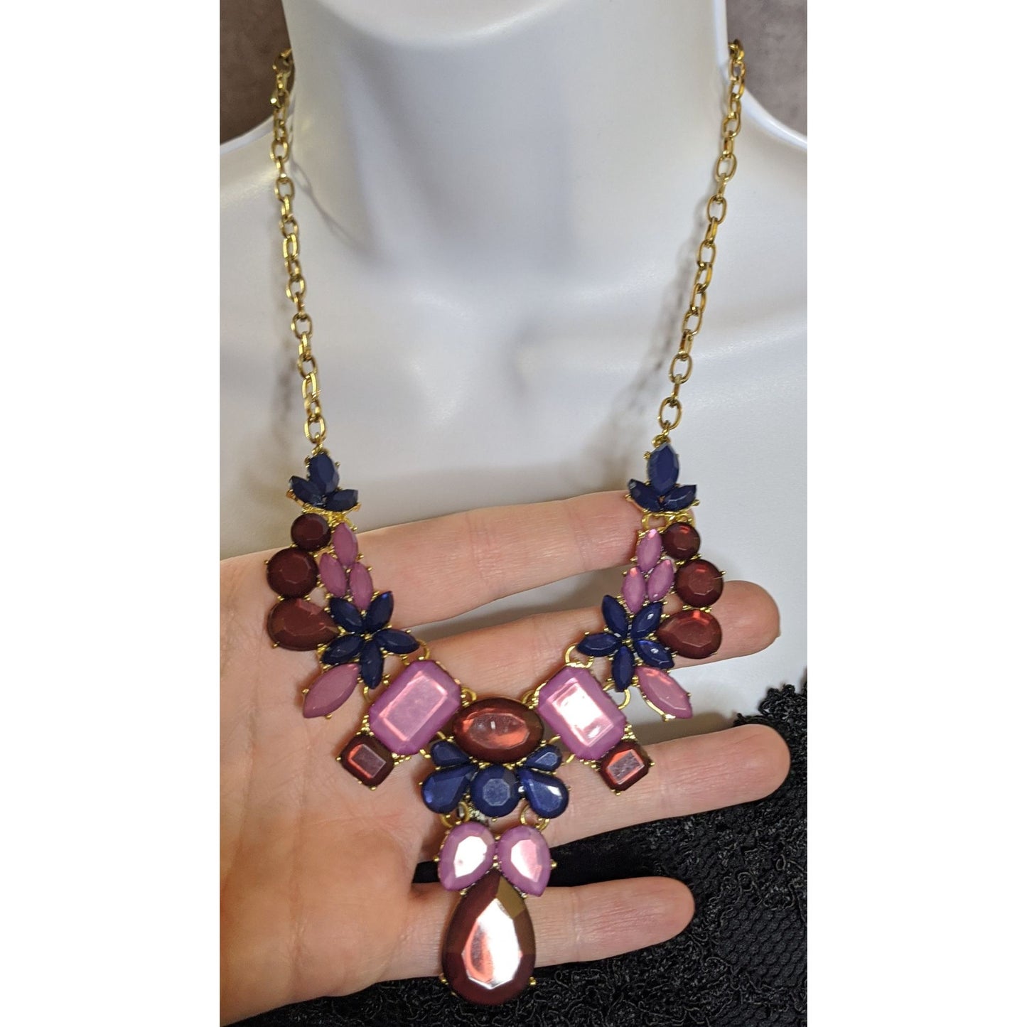 Floral Jewel Tone Statement Necklace With Red Pink & Navy Gems