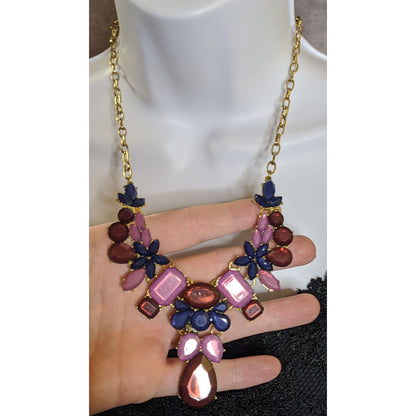 Floral Jewel Tone Statement Necklace With Red Pink & Navy Gems