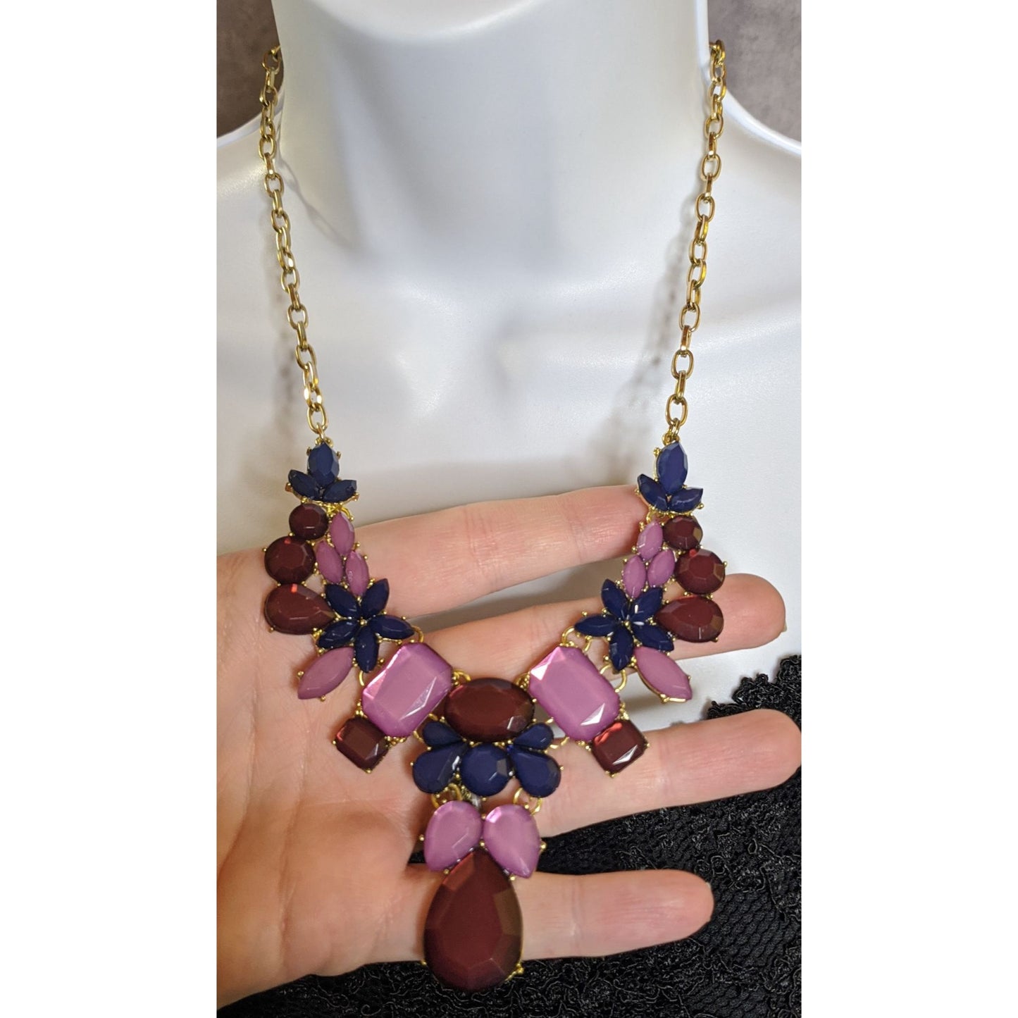 Floral Jewel Tone Statement Necklace With Red Pink & Navy Gems