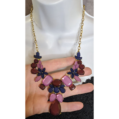 Floral Jewel Tone Statement Necklace With Red Pink & Navy Gems