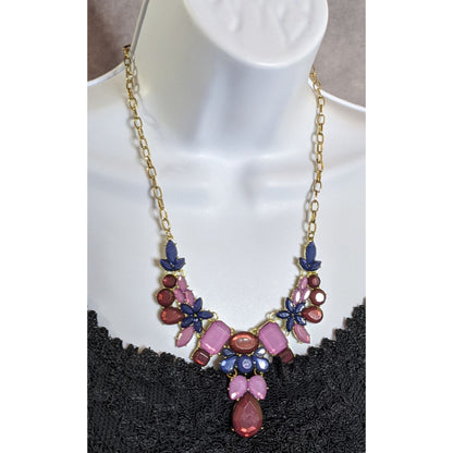 Floral Jewel Tone Statement Necklace With Red Pink & Navy Gems