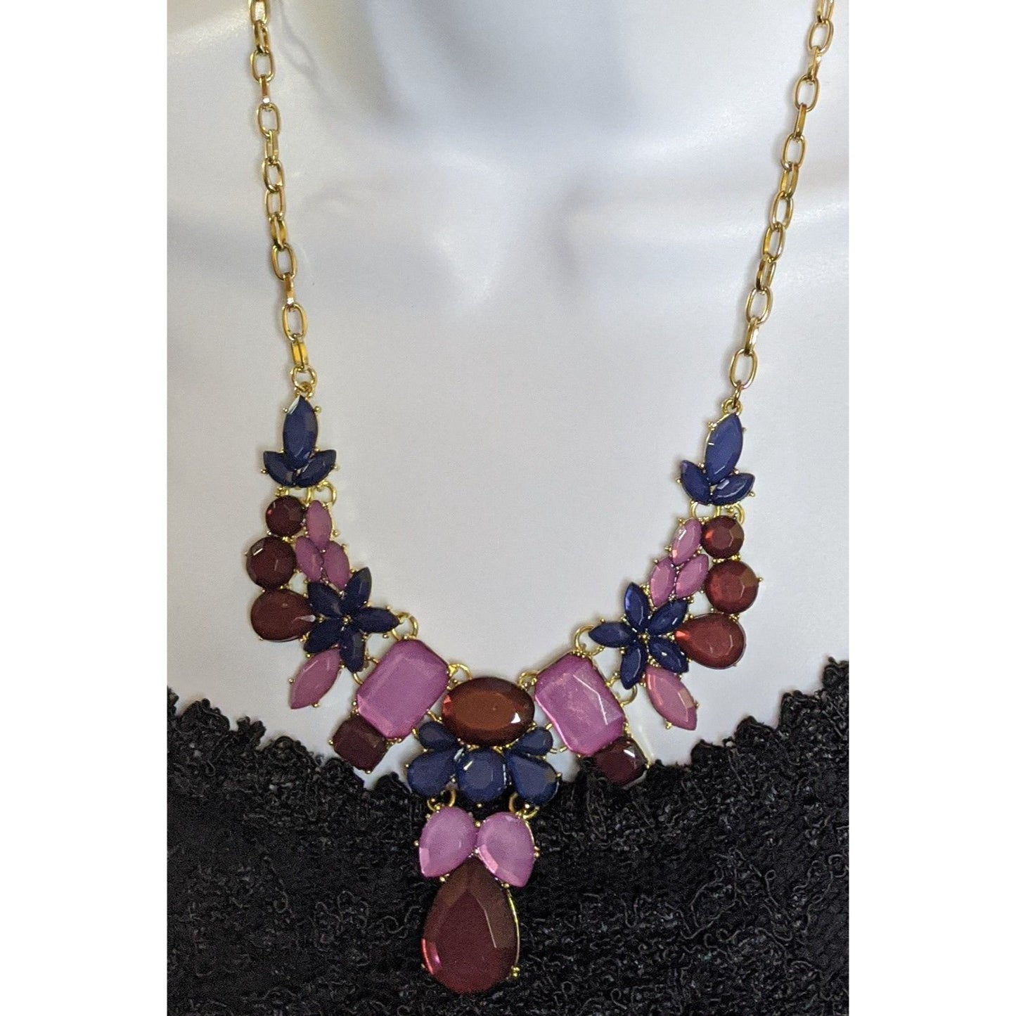 Floral Jewel Tone Statement Necklace With Red Pink & Navy Gems