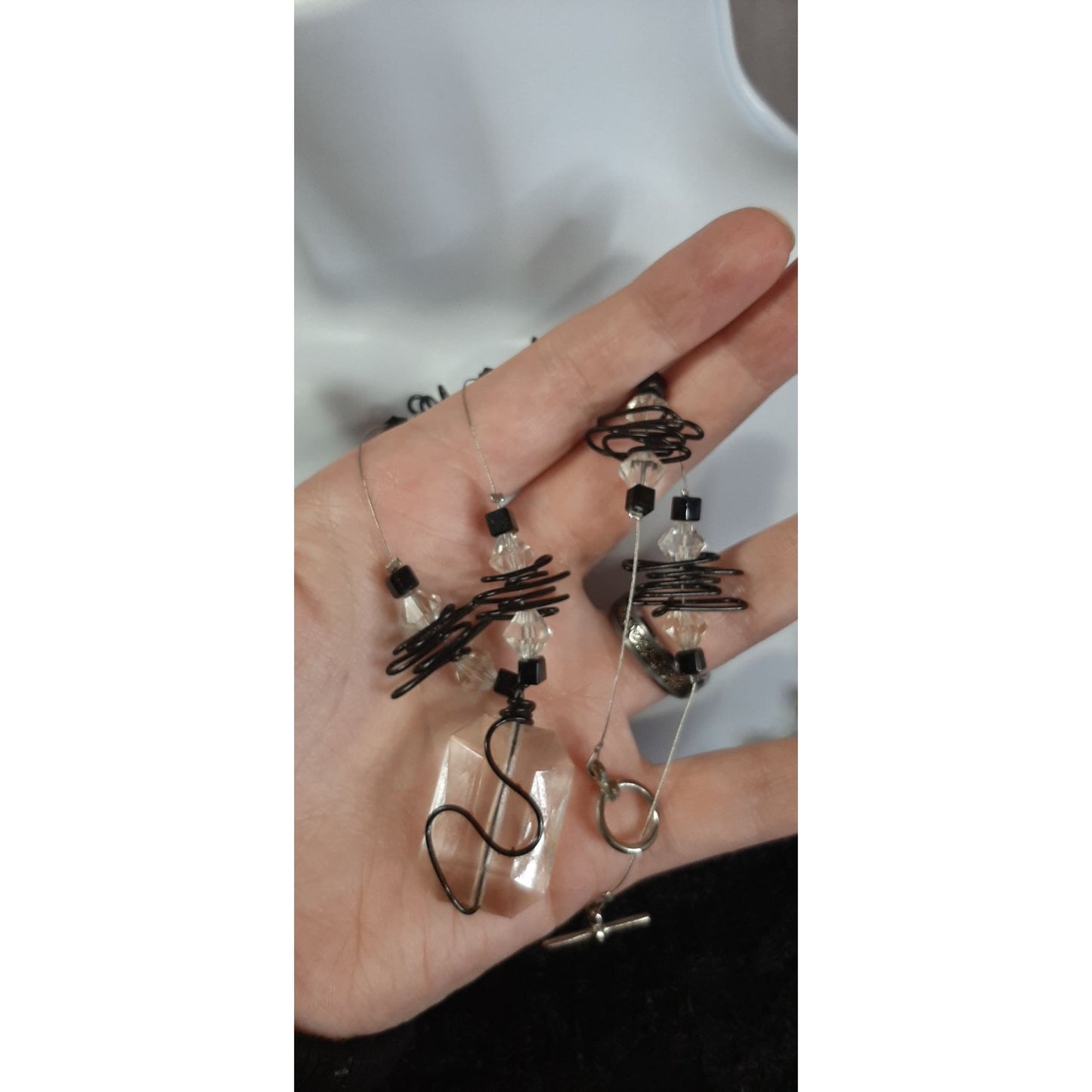 Handcrafted Abstract Black Wire & Clear Glass Crystal Necklace