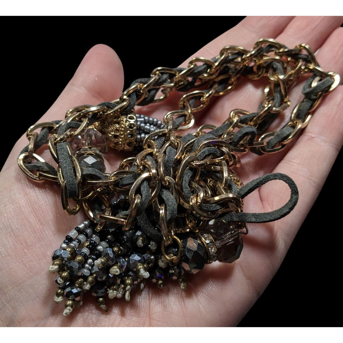 Decorative Tassel Pendant Necklace With Gold-Tone Chain & Beaded Drops