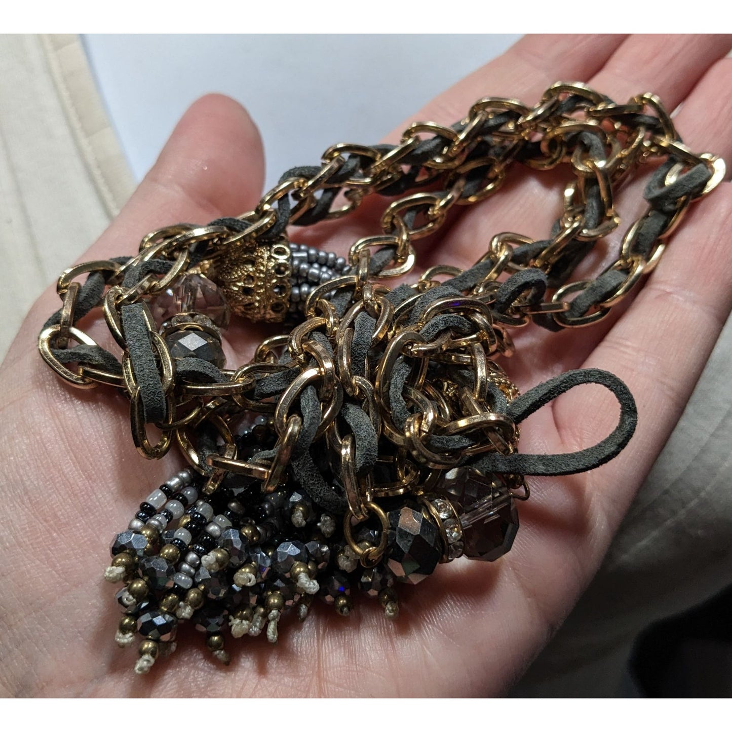 Decorative Tassel Pendant Necklace With Gold-Tone Chain & Beaded Drops