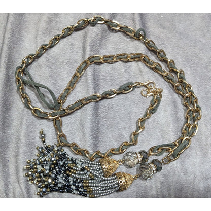 Decorative Tassel Pendant Necklace With Gold-Tone Chain & Beaded Drops