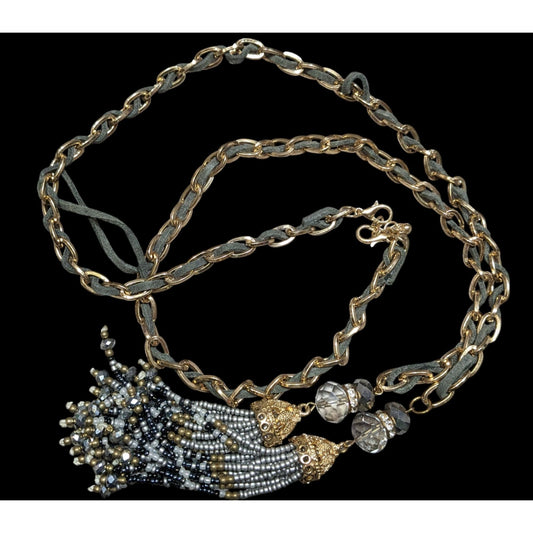 Decorative Tassel Pendant Necklace With Gold-Tone Chain & Beaded Drops