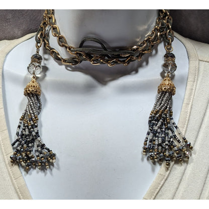 Decorative Tassel Pendant Necklace With Gold-Tone Chain & Beaded Drops