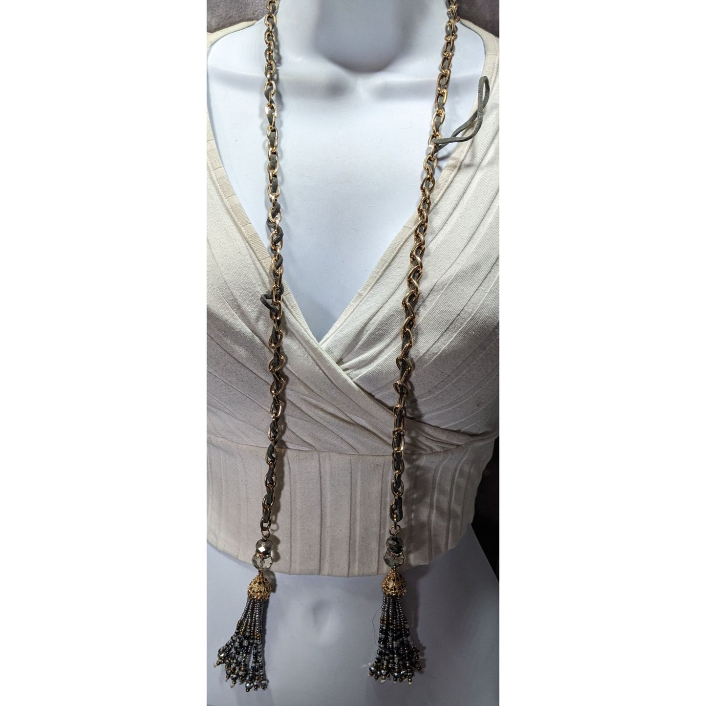 Decorative Tassel Pendant Necklace With Gold-Tone Chain & Beaded Drops