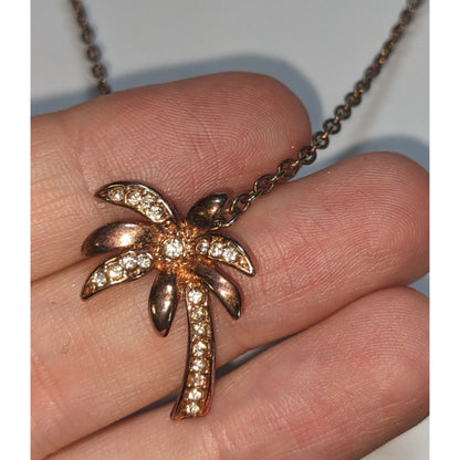 Y2K Beachcore Coastal Tropical Rose Gold Rhinestone Palm Tree Pendant Necklace