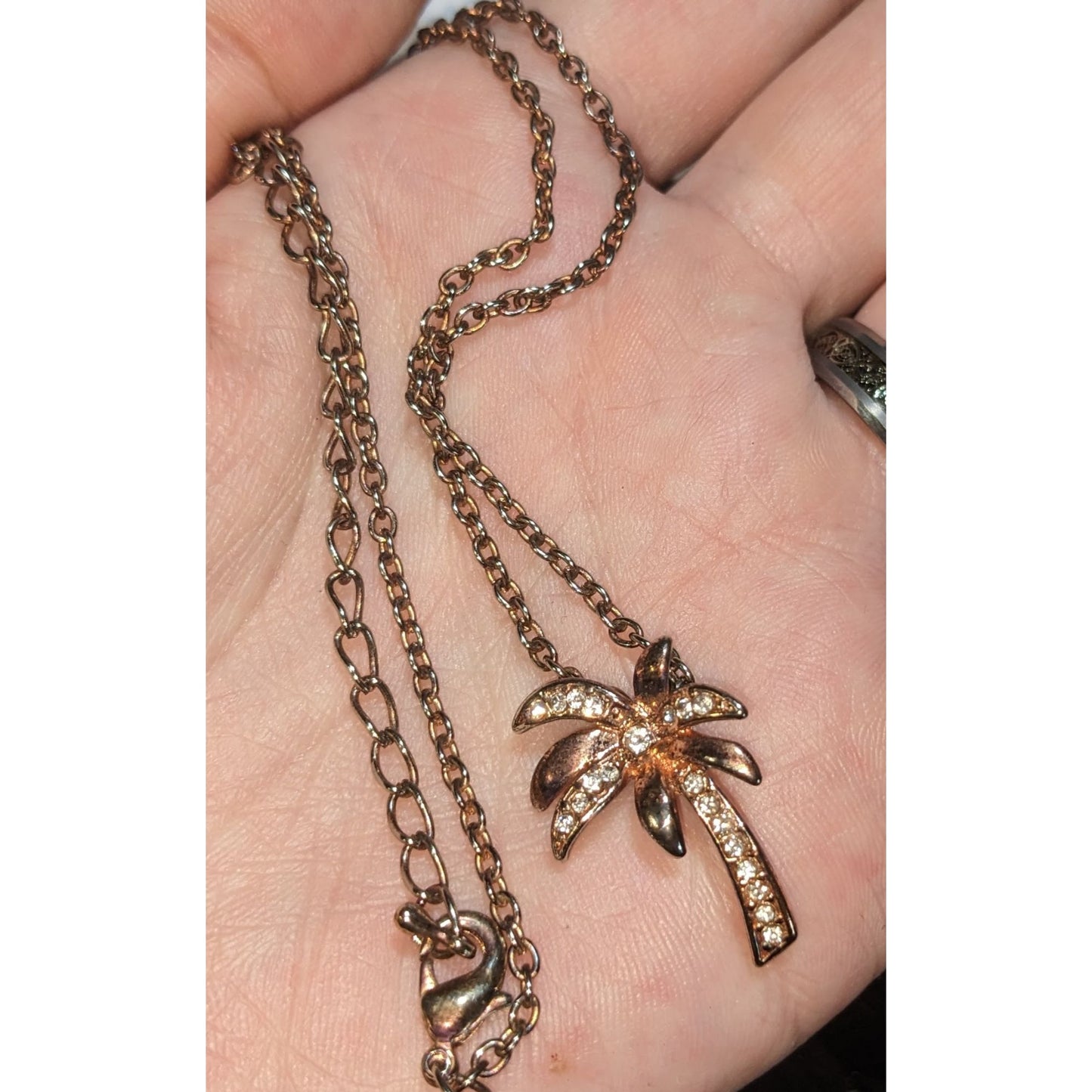Y2K Beachcore Coastal Tropical Rose Gold Rhinestone Palm Tree Pendant Necklace