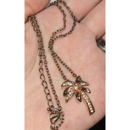 Y2K Beachcore Coastal Tropical Rose Gold Rhinestone Palm Tree Pendant Necklace