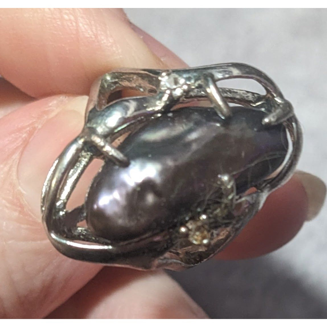 Vintage Purple Encased Silver Tone Cage Ring With Clear Gem Accents Size 8