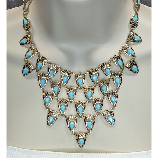 Teardrop Statement Bib Necklace Faux Gems Turquoise Gold Tone Bohemian Jewelry