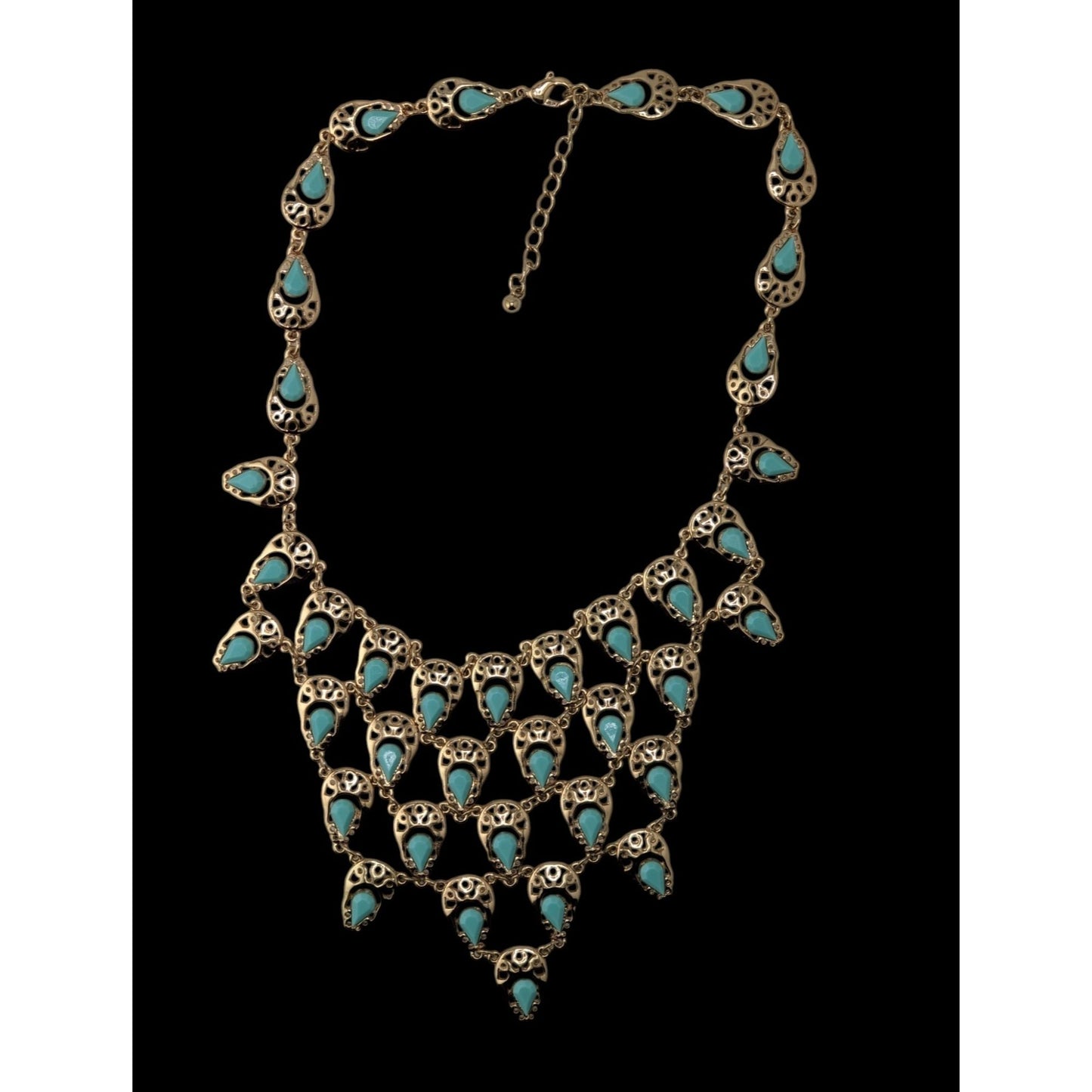 Teardrop Statement Bib Necklace Faux Gems Turquoise Gold Tone Bohemian Jewelry