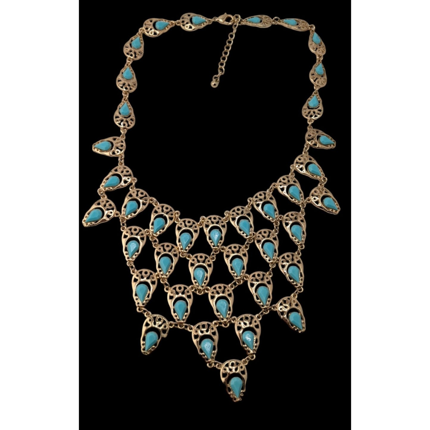 Teardrop Statement Bib Necklace Faux Gems Turquoise Gold Tone Bohemian Jewelry