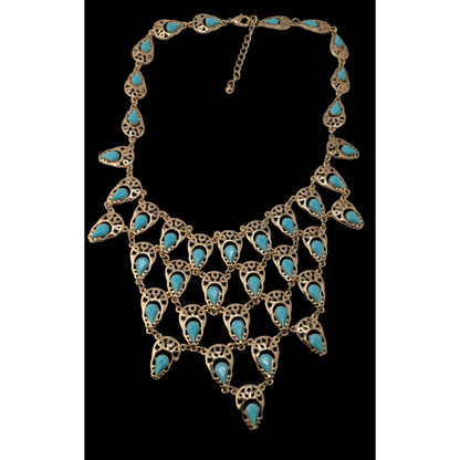 Teardrop Statement Bib Necklace Faux Gems Turquoise Gold Tone Bohemian Jewelry