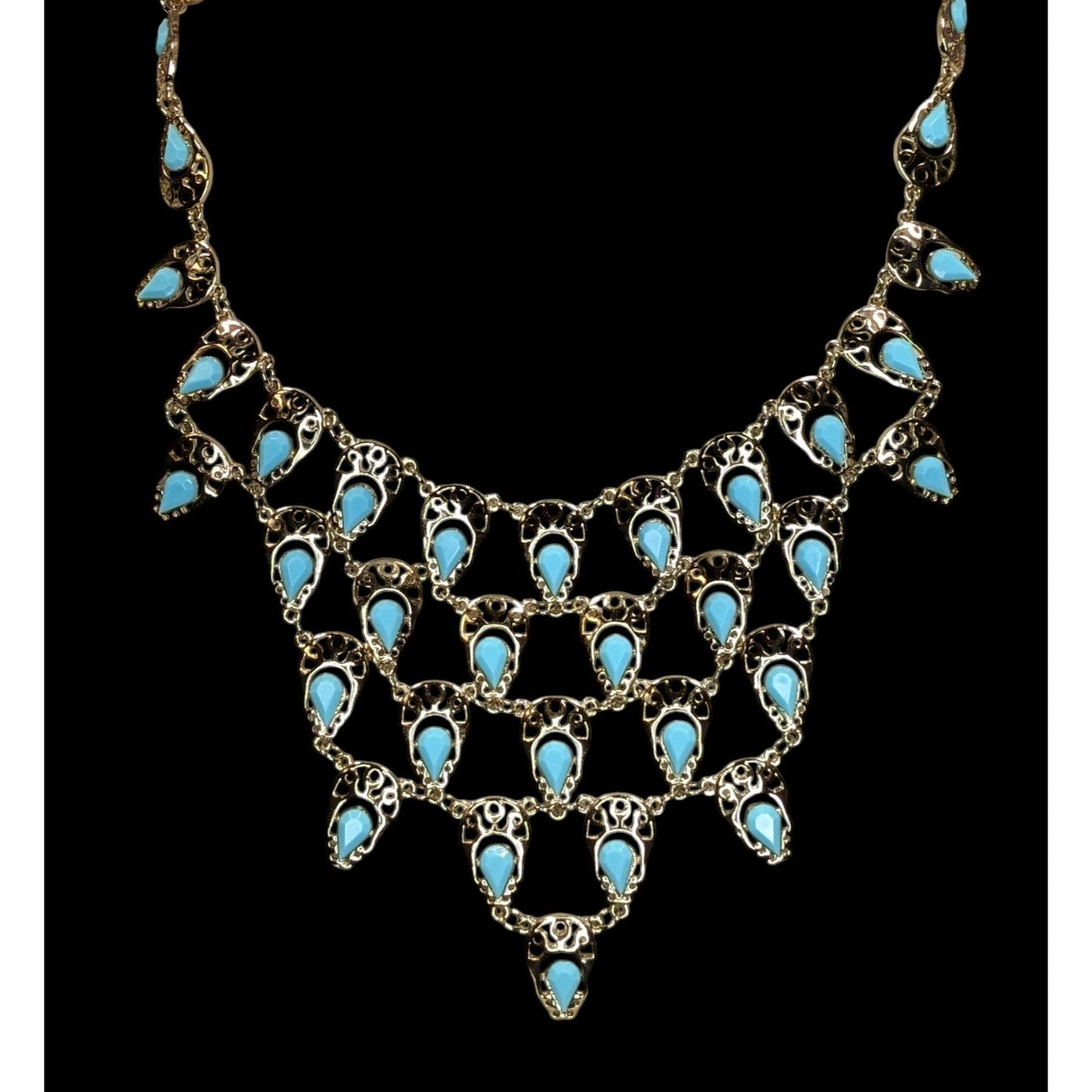 Teardrop Statement Bib Necklace Faux Gems Turquoise Gold Tone Bohemian Jewelry