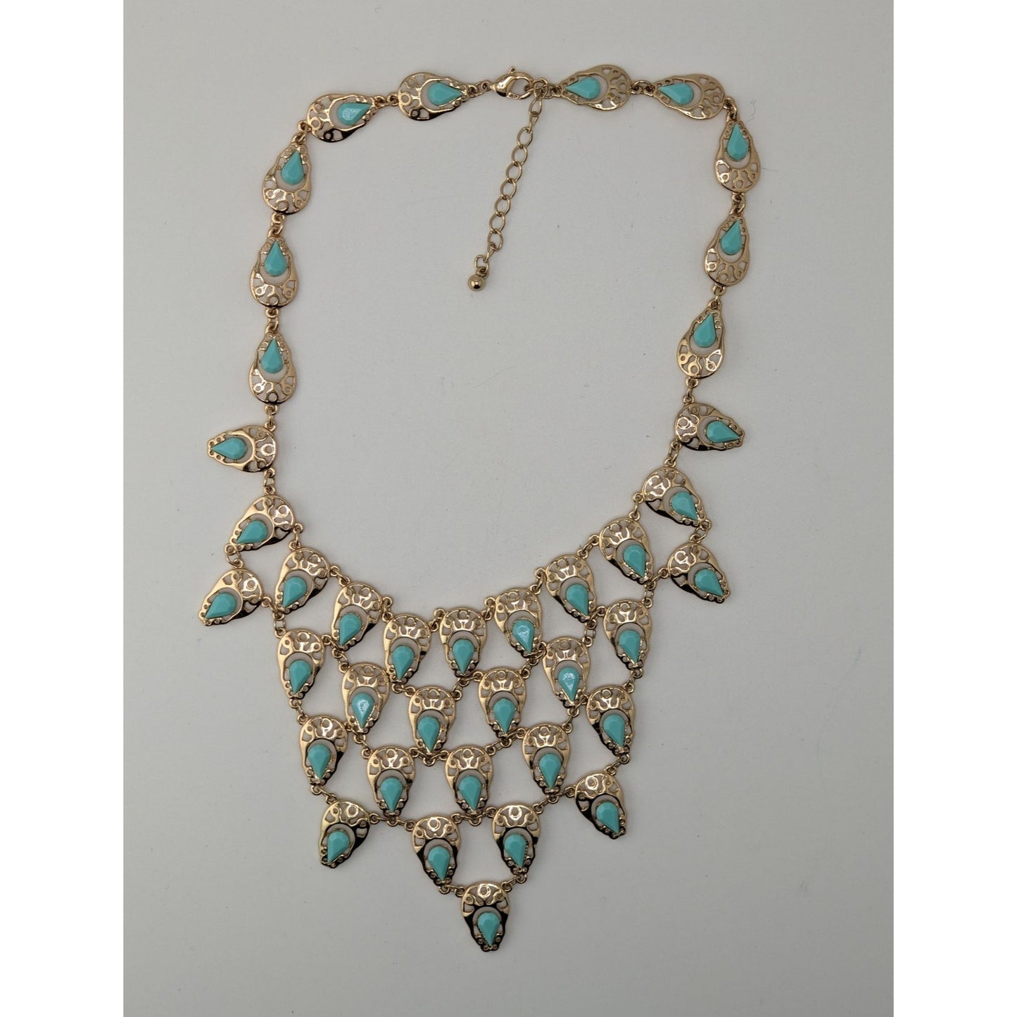 Teardrop Statement Bib Necklace Faux Gems Turquoise Gold Tone Bohemian Jewelry