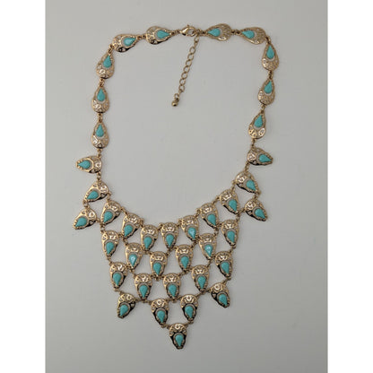 Teardrop Statement Bib Necklace Faux Gems Turquoise Gold Tone Bohemian Jewelry