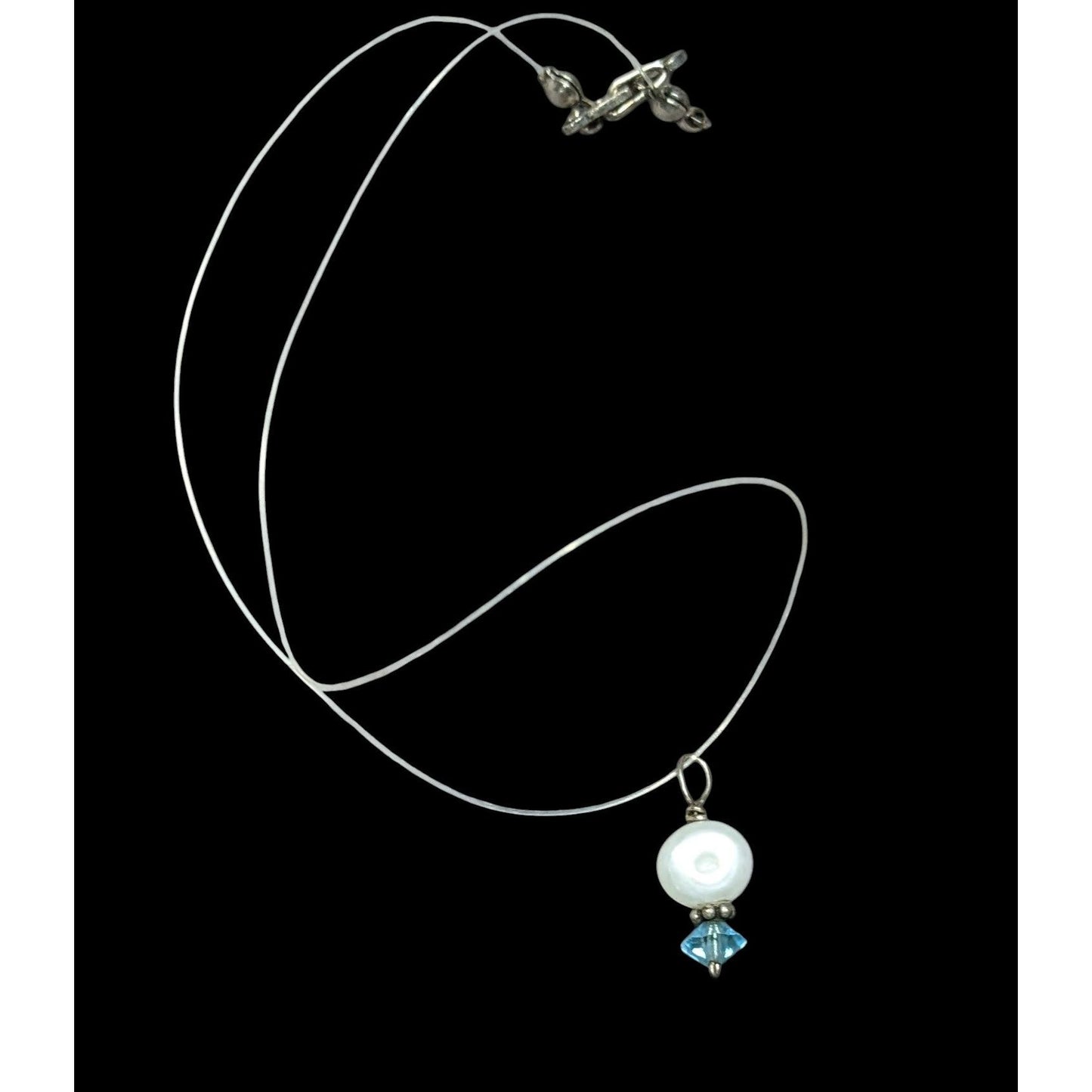 Dainty Pearl & Blue Crystal Pendant On Clear Wire Necklace With Clasp Closure