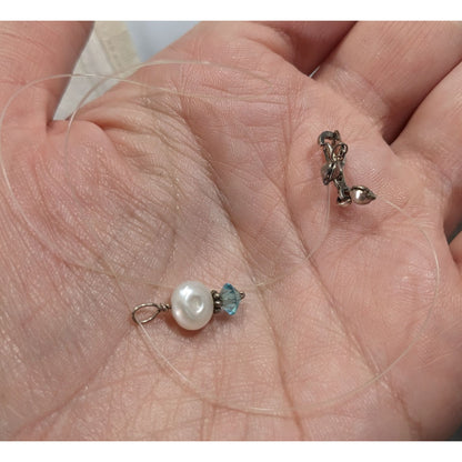 Dainty Pearl & Blue Crystal Pendant On Clear Wire Necklace With Clasp Closure