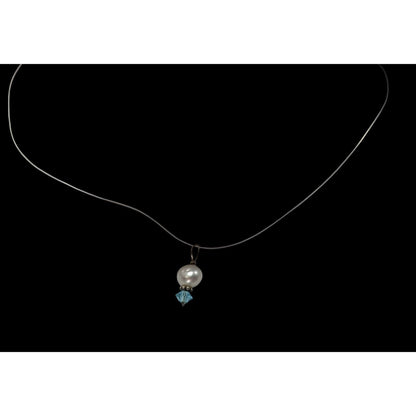 Dainty Pearl & Blue Crystal Pendant On Clear Wire Necklace With Clasp Closure