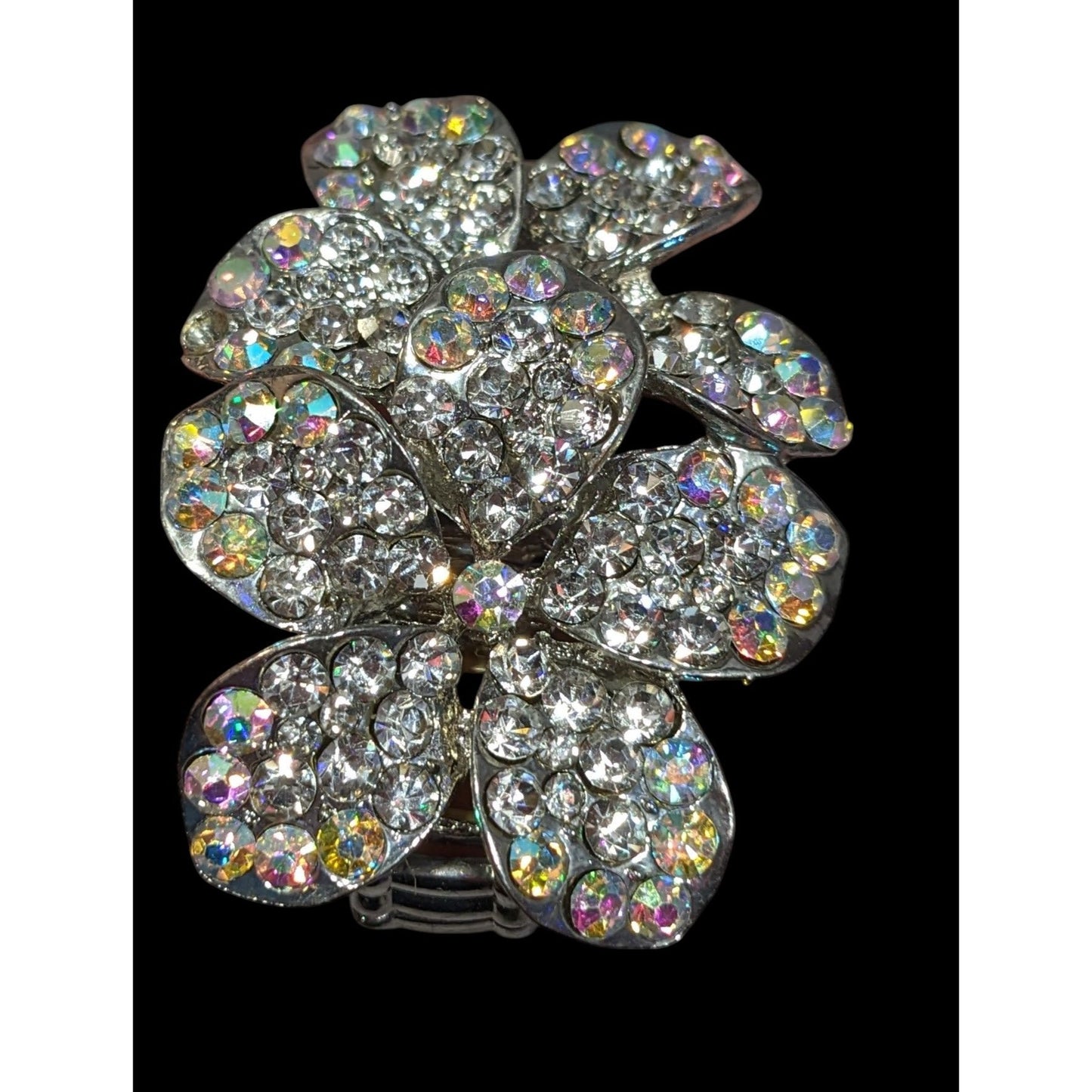 Fairycore Aurora Borealis Floral Double Finger Silver Tone Stretch Ring