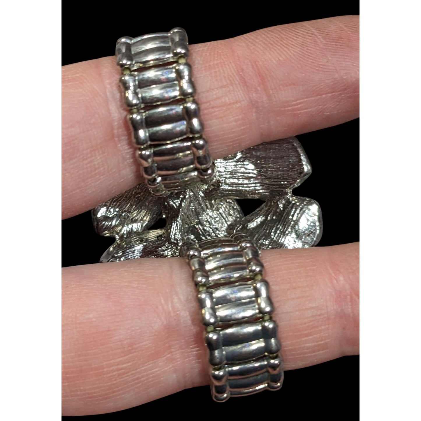 Fairycore Aurora Borealis Floral Double Finger Silver Tone Stretch Ring