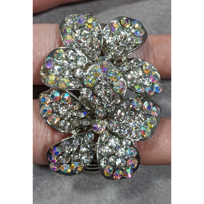 Fairycore Aurora Borealis Floral Double Finger Silver Tone Stretch Ring