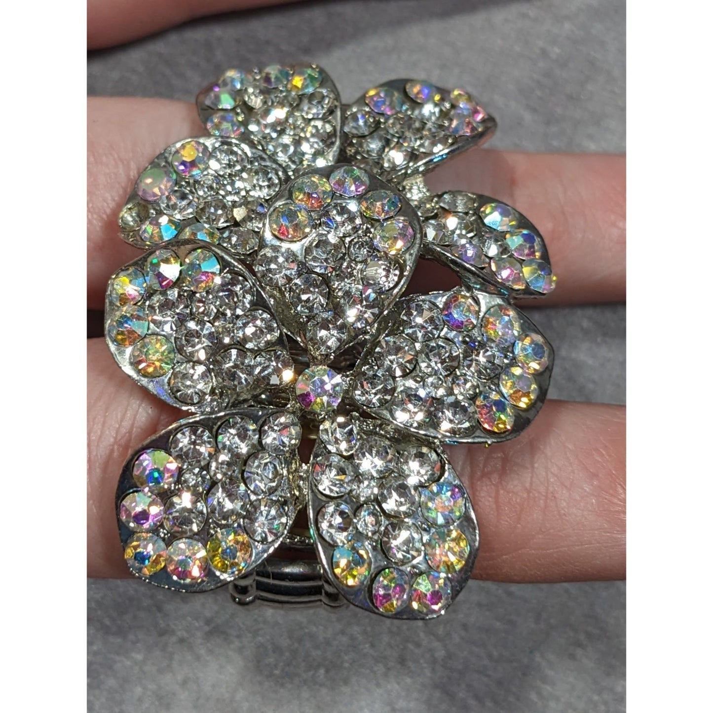 Fairycore Aurora Borealis Floral Double Finger Silver Tone Stretch Ring