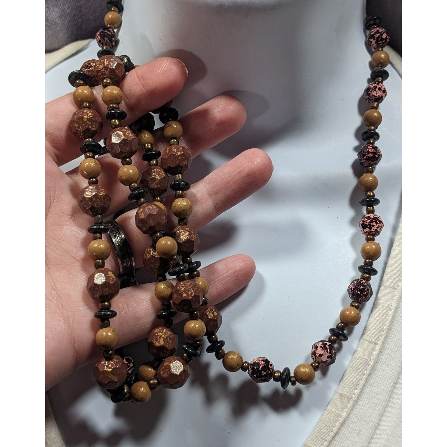 Earthy Black Pink Brown And Gold Tone Speckled Beaded Necklace