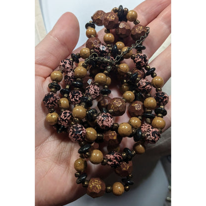 Earthy Black Pink Brown And Gold Tone Speckled Beaded Necklace