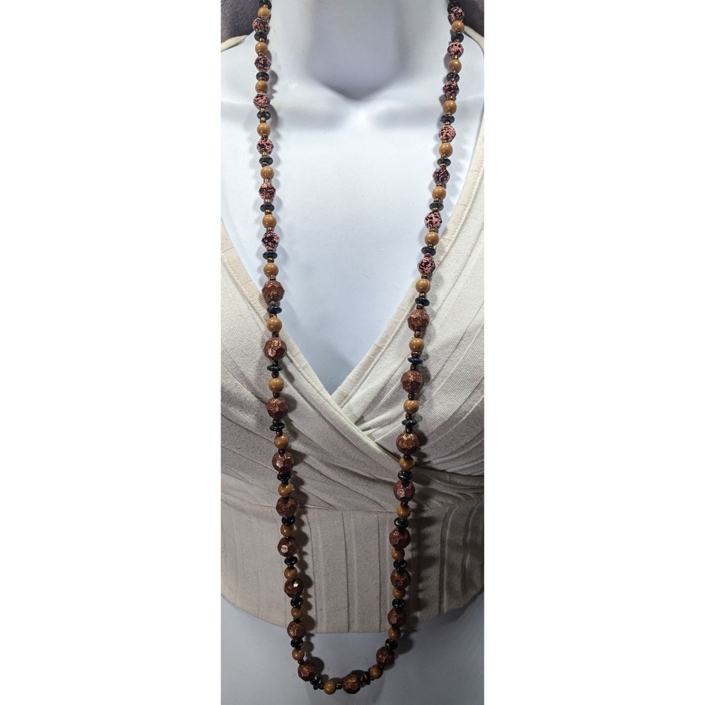 Earthy Black Pink Brown And Gold Tone Speckled Beaded Necklace