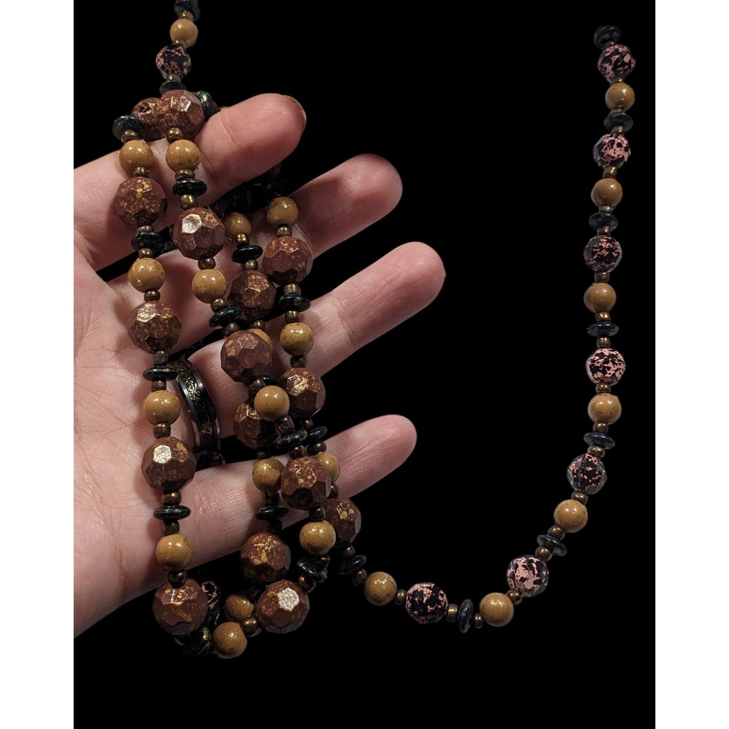 Earthy Black Pink Brown And Gold Tone Speckled Beaded Necklace