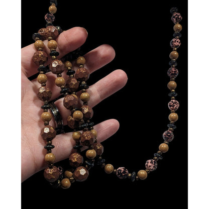 Earthy Black Pink Brown And Gold Tone Speckled Beaded Necklace