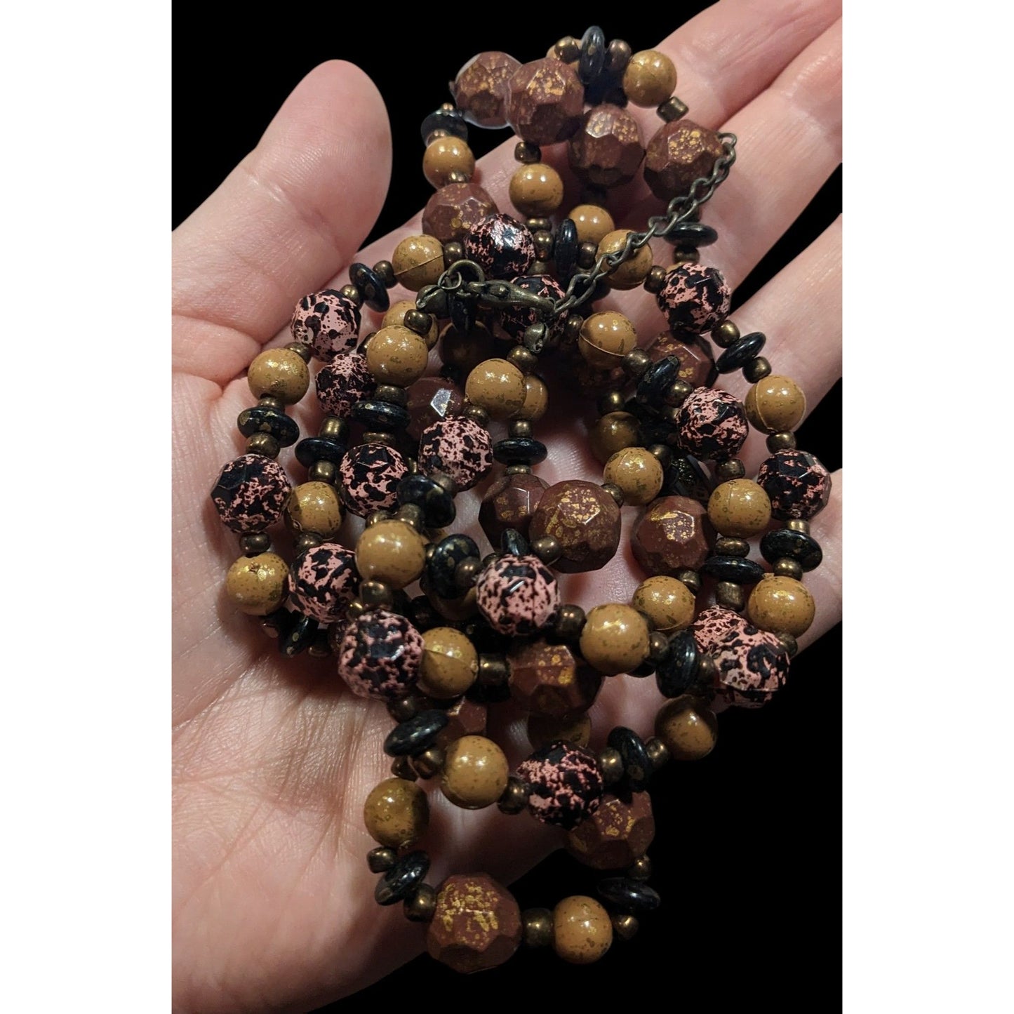 Earthy Black Pink Brown And Gold Tone Speckled Beaded Necklace