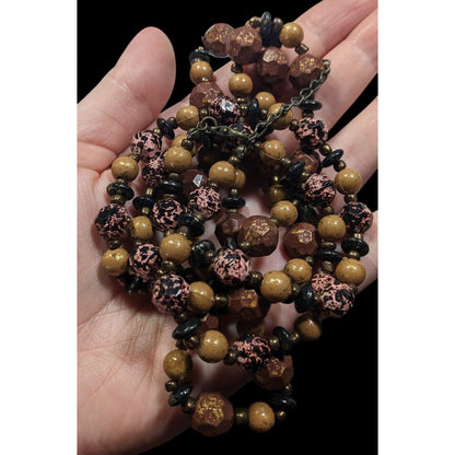 Earthy Black Pink Brown And Gold Tone Speckled Beaded Necklace