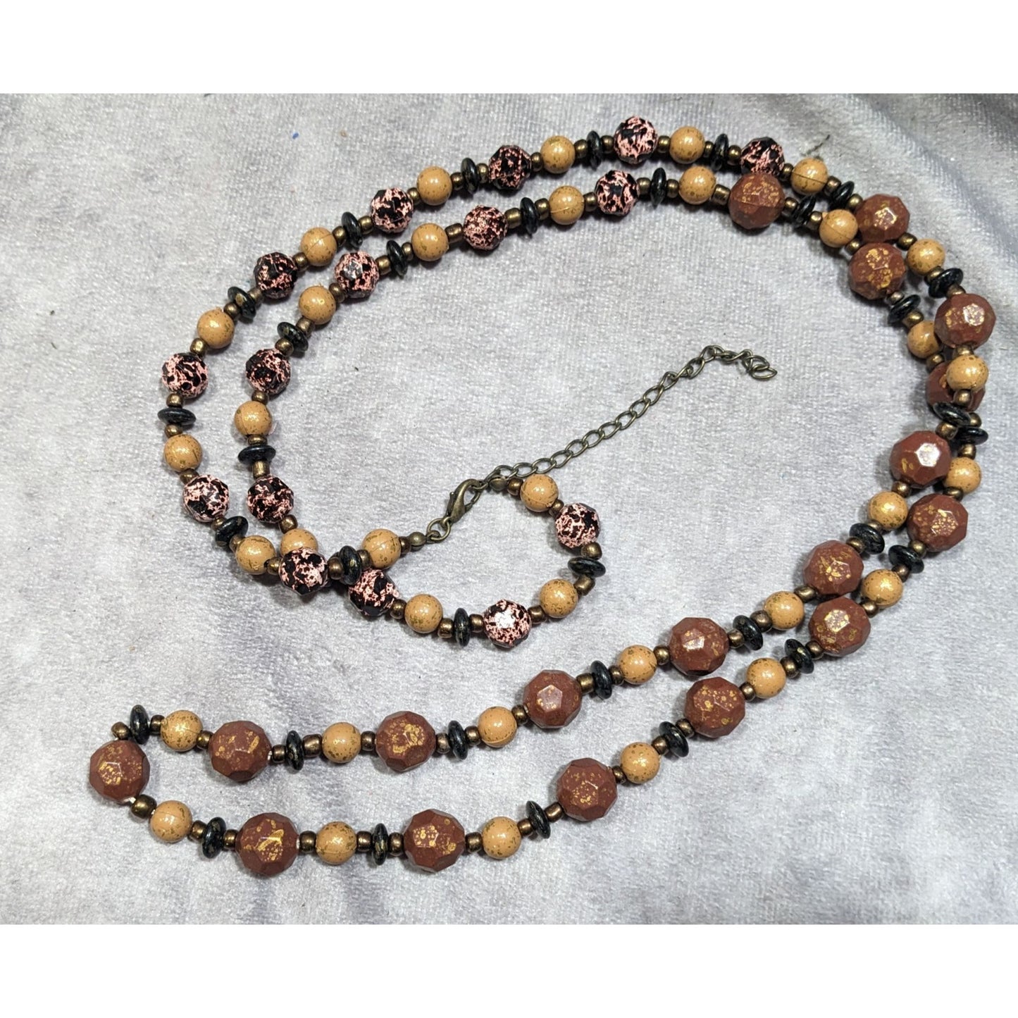 Earthy Black Pink Brown And Gold Tone Speckled Beaded Necklace