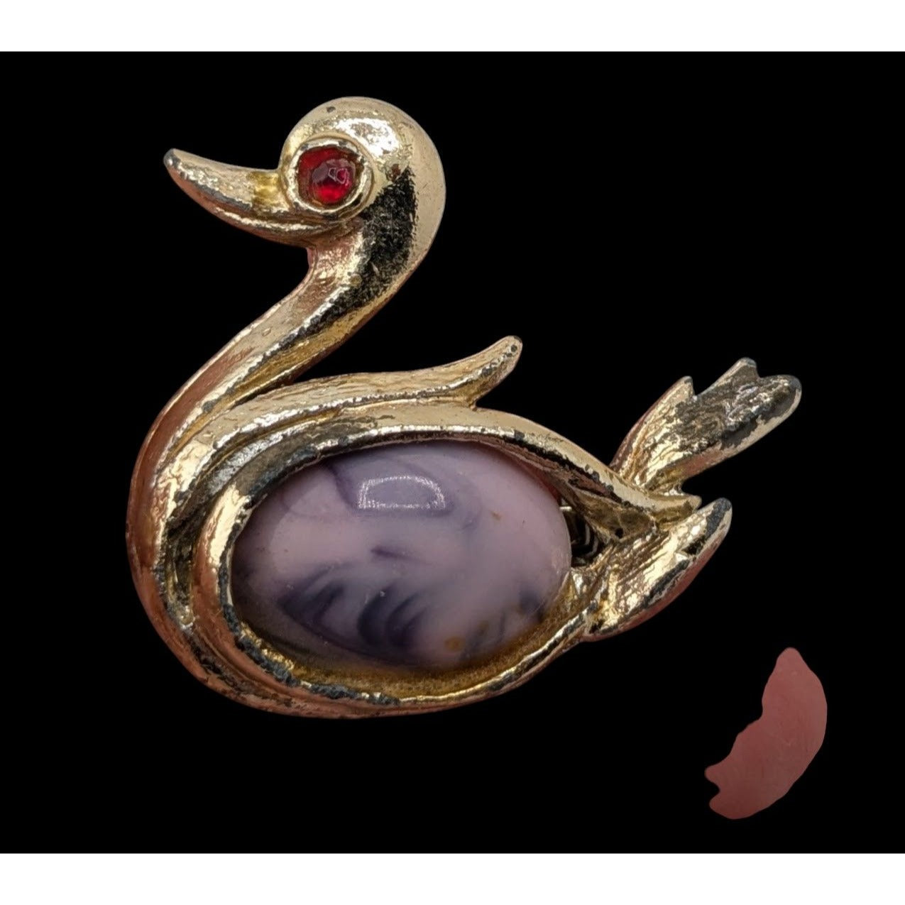 Vintage Swan Brooch Rhinestone Eye Stone Belly Lilac Red Gold